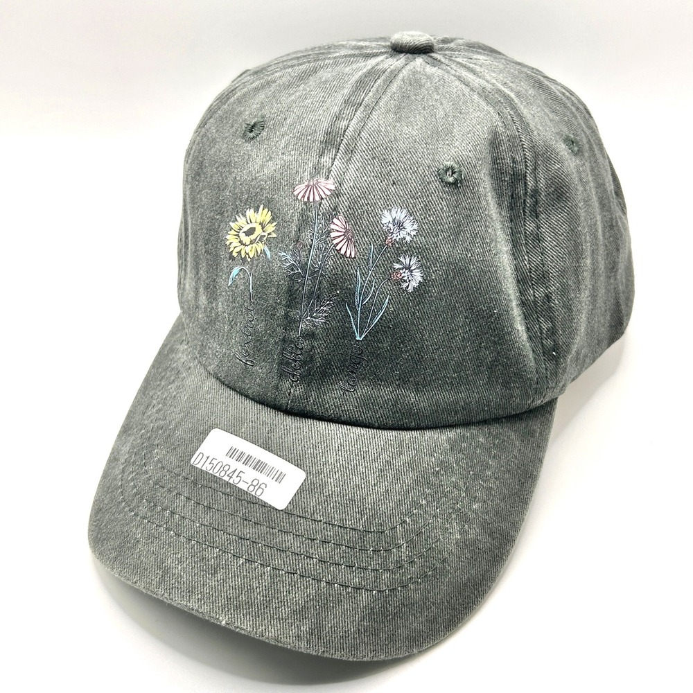 Floral Embroidered Baseball Cap Women OS Green Washed Denim Adjustable Dad Hat
